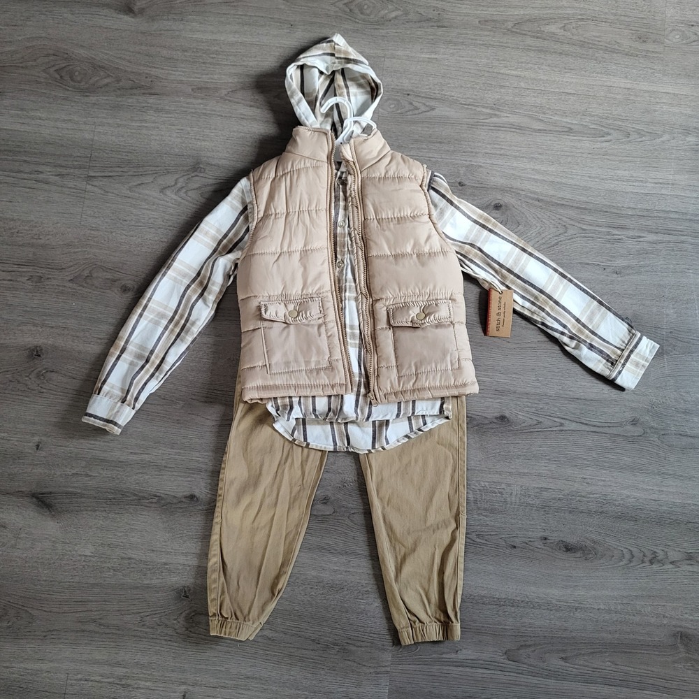 Kids 3-Piece Set Tan Puffer Vest Plaid Hooded Flannel Joggers Gorpcore Size 8